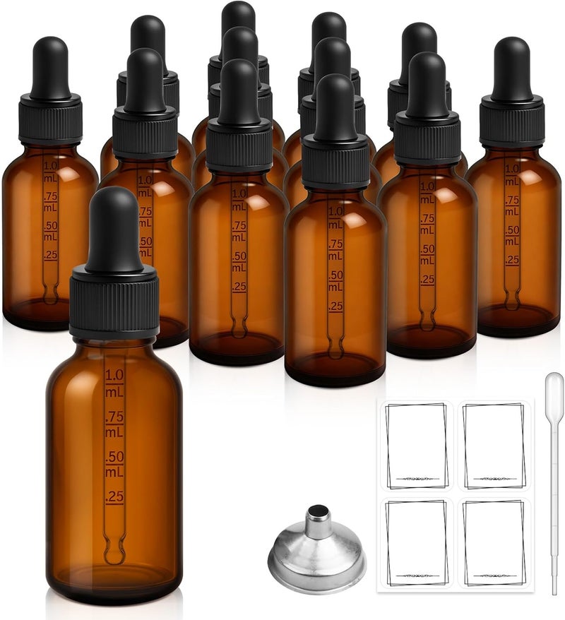 Bumobum 12 Pack, 1 oz Tincture Bottles with Dropper, Amber Glass Dropper Bottle Leakproof with Stainless Steel Funnel, Pipettes & Labels, 30 ml Eye Dropper Bottles For Essential Oils Serums Hair Body Oils - Image 1